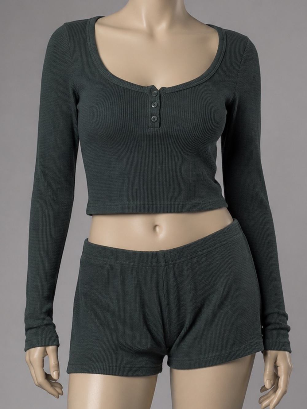 SKIMS Waffle Long Sleeve Henley and Short Set | Spruce | Size M